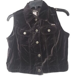 Cherokee Velvet Vest Brown Button Down Sleeveless Top Cropped‎ XL
